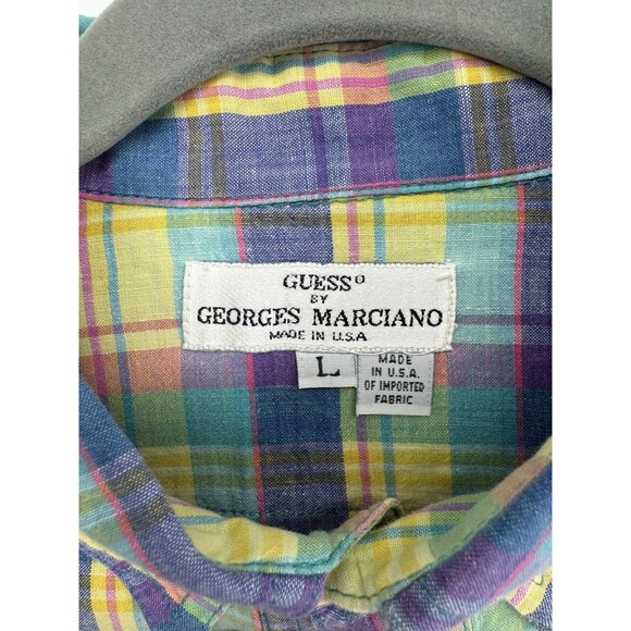 Vintage 90s Guess Jeans Pastel Plaid Short Sleeve Button Up USA Made VTG Shirt - Picture 4 of 6